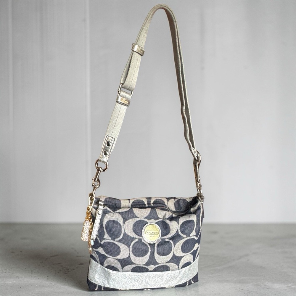 Vintage Y2K Coach Carly Signature Blue Denim Silver Stripe Hobo Satchel Purse - Picture 10 of 12